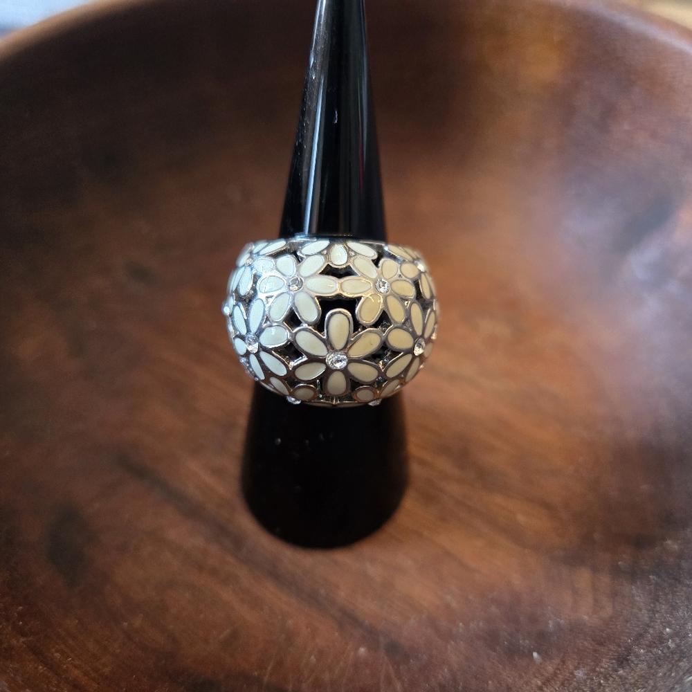 Coach Floral Patterned Ring with White and Silver Accents